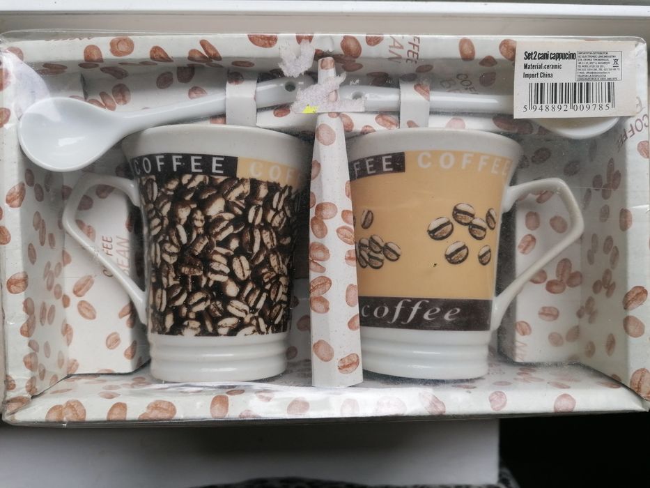 Set nou cești cafea, instrumente birou, ceas perete, troler