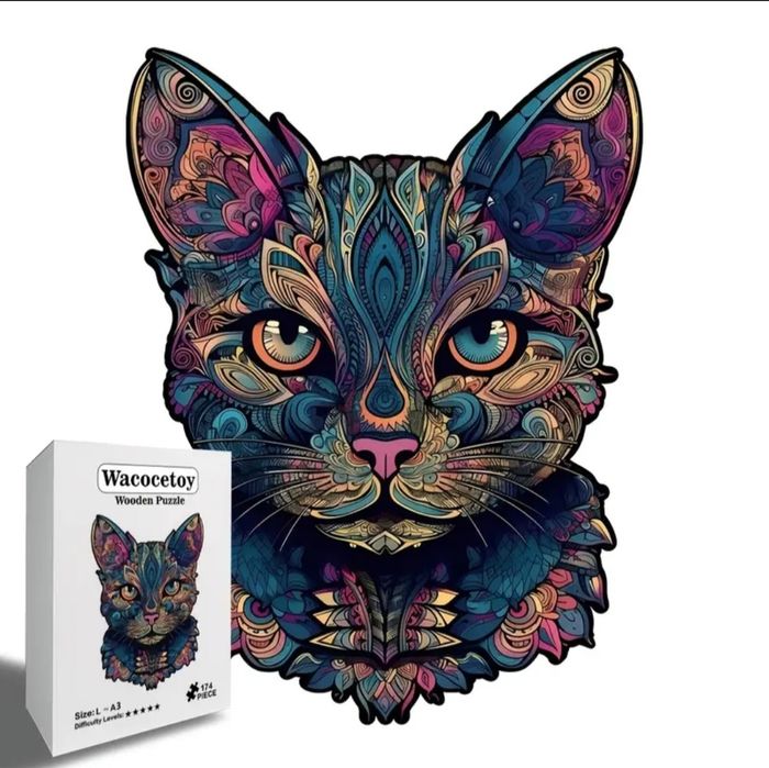Дървен пъзел, голям размер - котка