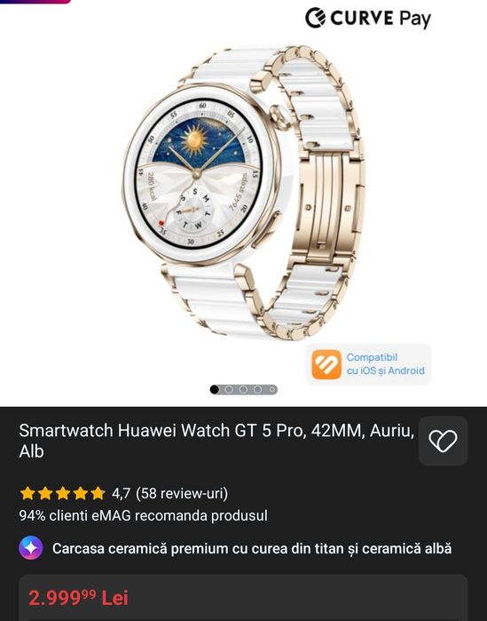 Vand ceas huawei gt5 pro ceramic nou garantie  Emag