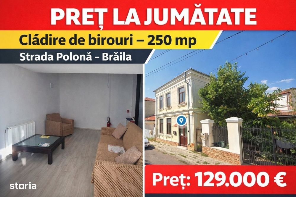 PRET LA JUMATATE - Cladire de birouri 250 mp, strada Polona - Braila
