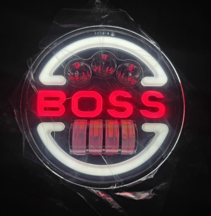 Faruri LED 7 Inch 18 cm - Model BOSS cu Inel DRL Dual si Text Rosu 12 - 24V