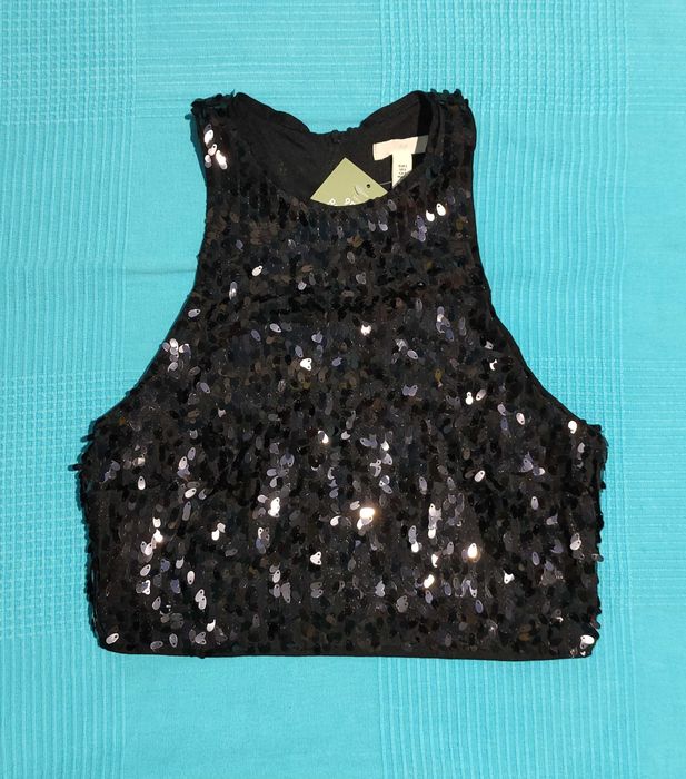 Къс потник с пайети НМ/ Прозрачна блуза H&M/ Плетен потник H&M
