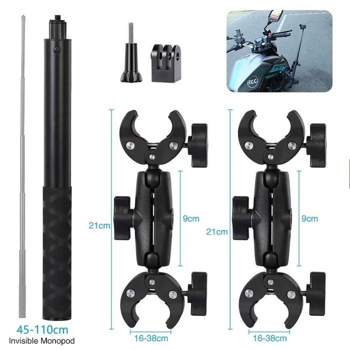 Kit prindere motocicleta selfie stick 2x clema dubla Insta360 X3 X4 X5
