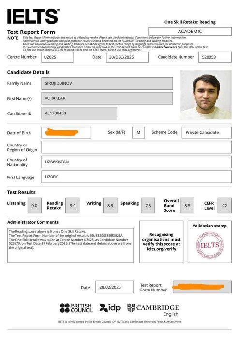Ingliz tili va IELTS repetitori IELTS 8.5 individual offlayn va onlayn