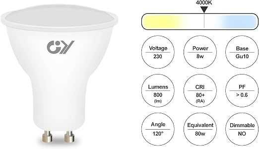 GY GU10 LED крушки 8W 4000K – 800 lm, неутрално бяло, еквивалент 80W, 120° широк ъгъл, 12 бр., енергиен клас E