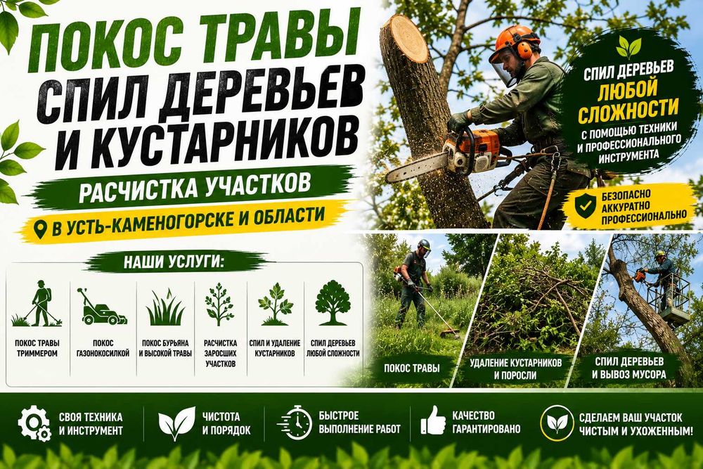 Покос травы триммером и расчистка участков. Спил деревьев