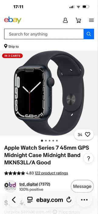 Apple Watch Series 7 45mm GPS Midnight Case Midnight Band MKN53LL/A Good