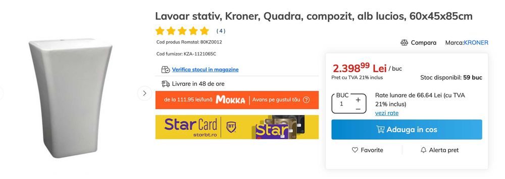 Lavoar stativ, Kroner, Quadra, compozit, alb lucios, 60x45x85cm