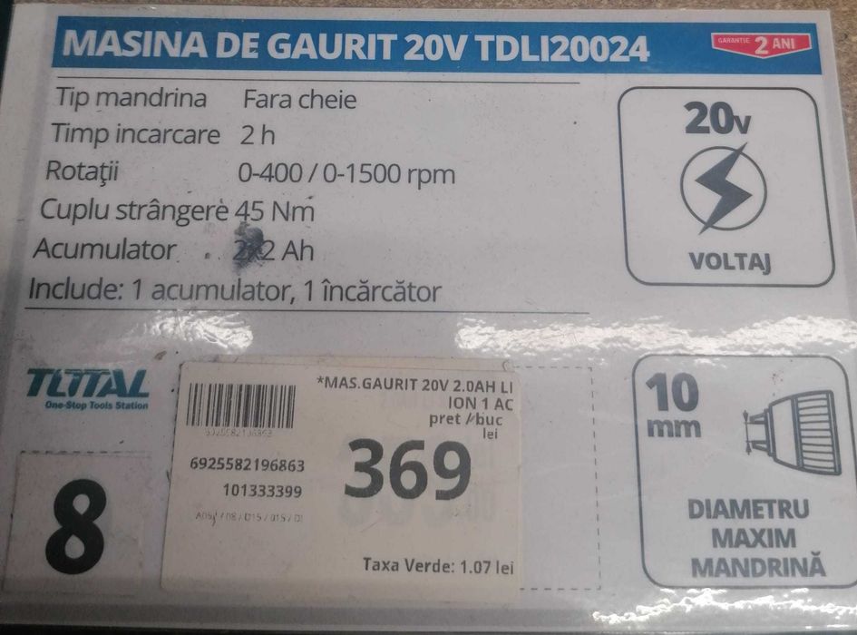 Masina de gaurit cu acumulator 20v 2ah