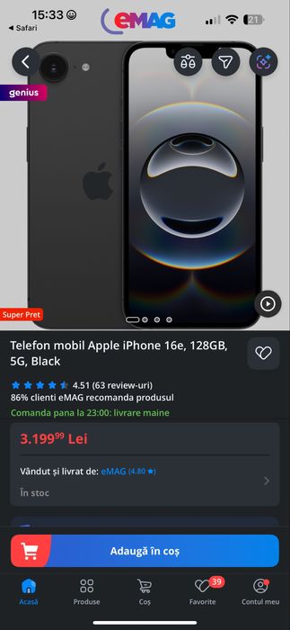 Apple iPhone 16e, 128GB, 5G,  Black , nou , in tiple , neactivat