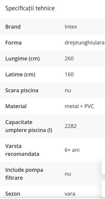 Piscina cu cadru metalic Intex, supraterana, dreptunghiulara, 260 x 160 x 65 cm