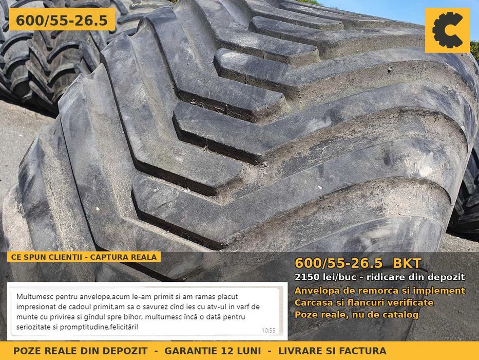Cauciucuri Anvelope 600/55R26.5 600/55-26.5 600/55 R26.5 600 55 26.5 600x55x26.5 60055265 BKT Remorca Implement Flotatie SH Second Hand PRET BUN