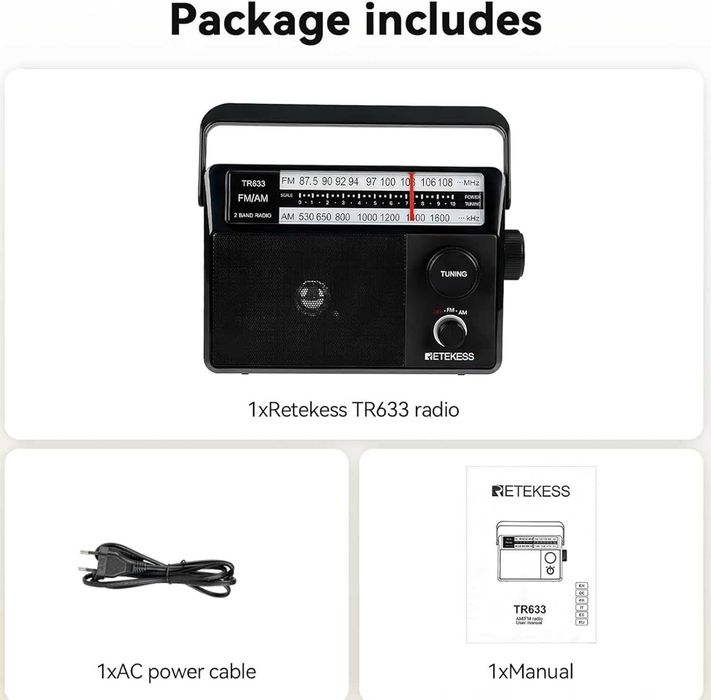 Retekess TR633 портативен ​​FM/AM радиоприемник/радио,с кабел за 220V и на батерии
