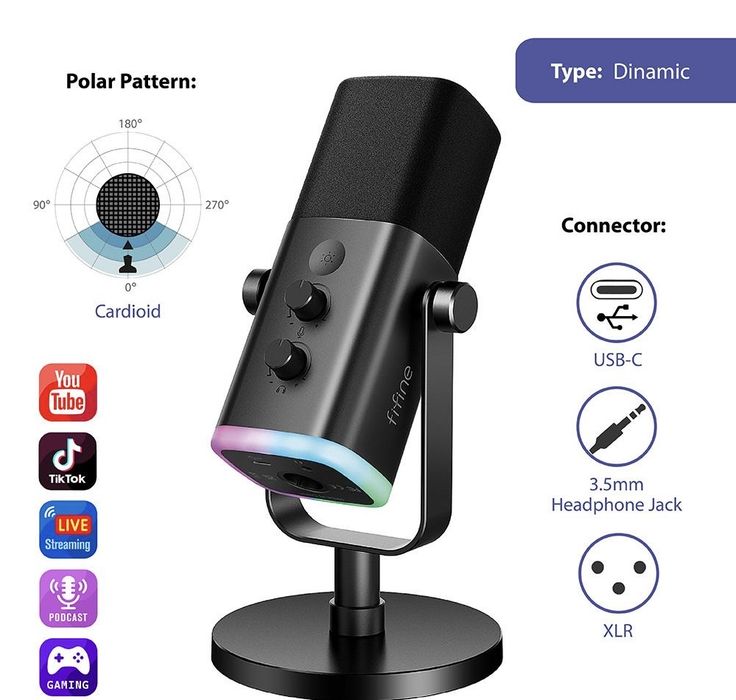 Настолен микрофон FIFINE AM8 Dynamic RGB XLR/USB- Black