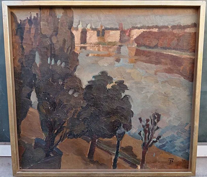 Tablou vechi - peisaj pe malul apei - semnat TP ( Pallady)