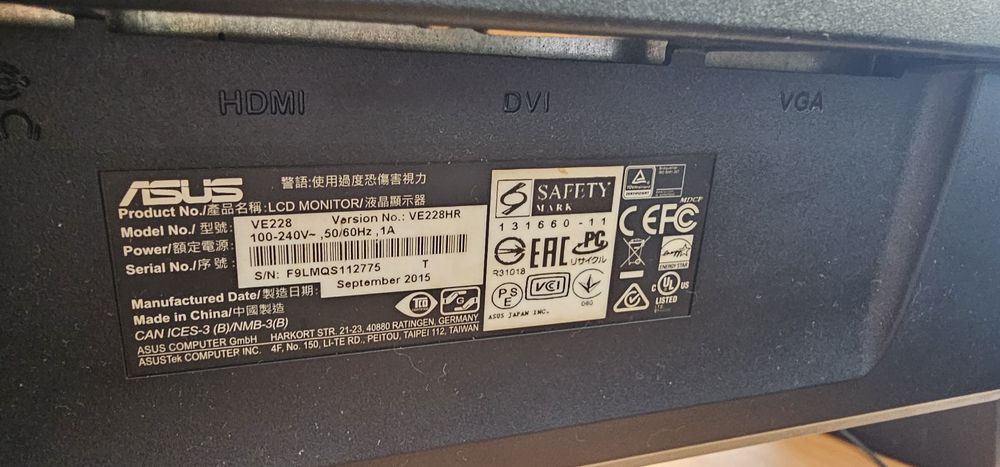 Monitor ASUS VE228HR, 21.5", Full HD