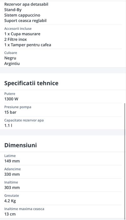 Espressor manual De’Longhi Dedica EC 685.BK, 1300 W, 15 bari, Negru
