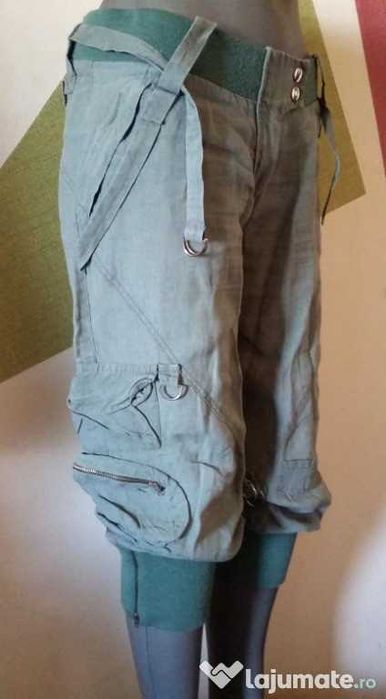 Pantaloni trei sferturi din in comozi lejeri buzunare fermoare metal