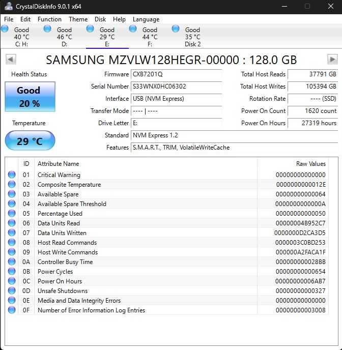 ССД: Samsung PM961 128 GB - M.2 NVME 2280 - 20% Здраве