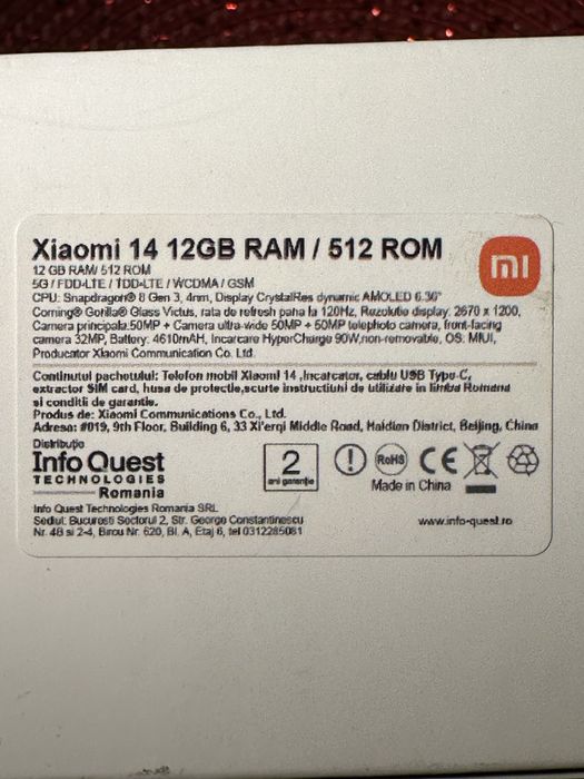 Xiaomi 14, 12GB RAM, 512GB, 5G, Black, impecabil, complet