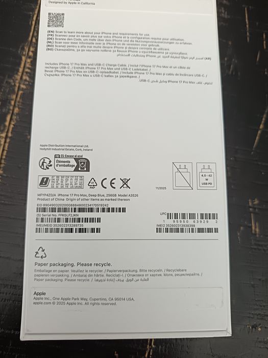 IPhone 17 pro max, blue, 256gb, ca nou