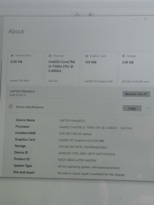 Лаптоп Acer Swift 3 – отлично състояние, нова батерия