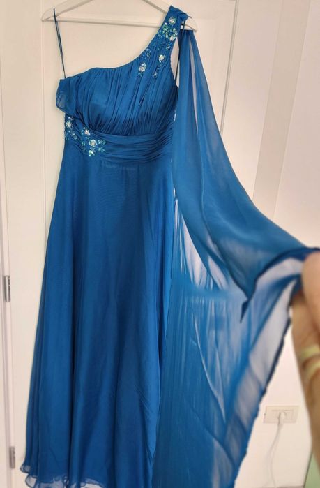 Rochie elegantă de seară albastru petrol – model pe un umăr, nouă