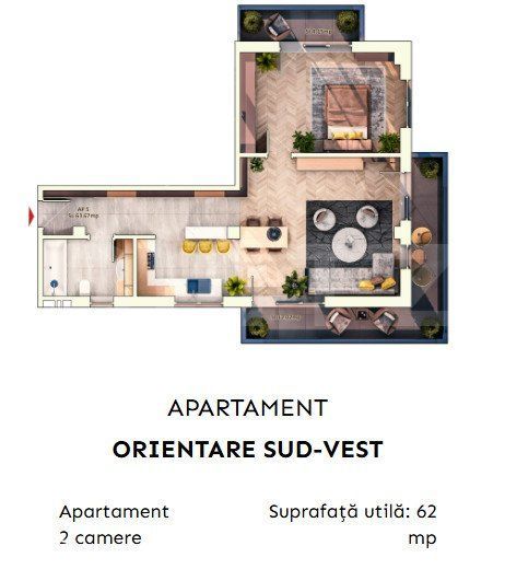 Apartament 2 camere semidecomandate, 52 mp, 9.30mp balcon, parcare sub — fotografia 3
