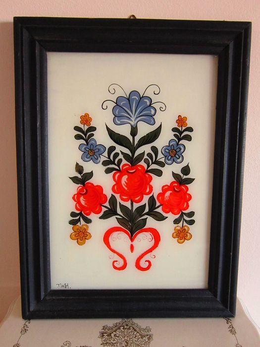 cadou rar tablou pictat pe sticla Sfantul Mihail +Flori, semnate