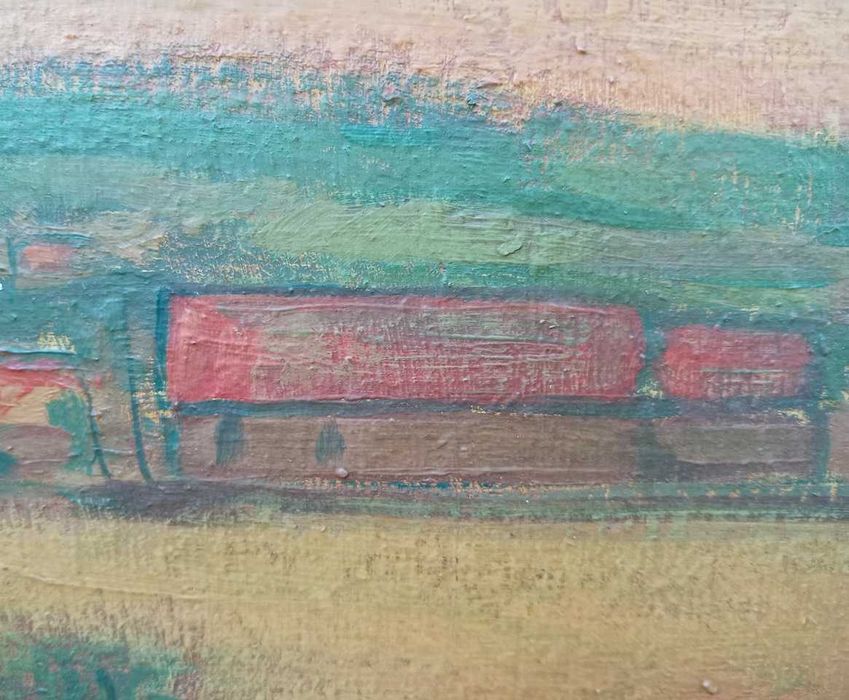 Tablou vechi - apus peste sat - semnat Baba