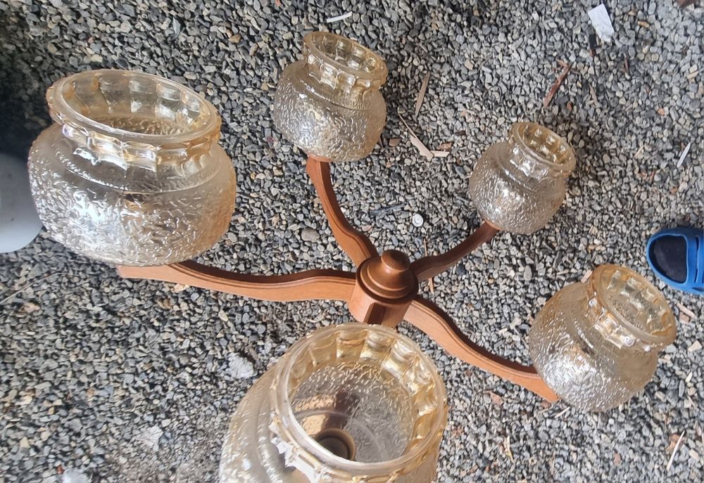 Lustră lemn rustică  candelabru  5x E27 metal auriu sticla fumuriie