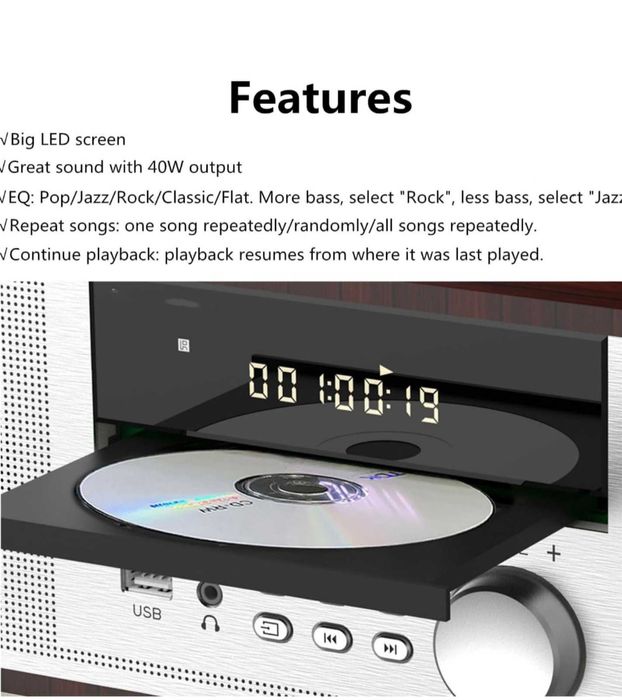 Стерео система 40 W RMS CD плейър FM/Bluetooth /USB/AUX/Дистанционно