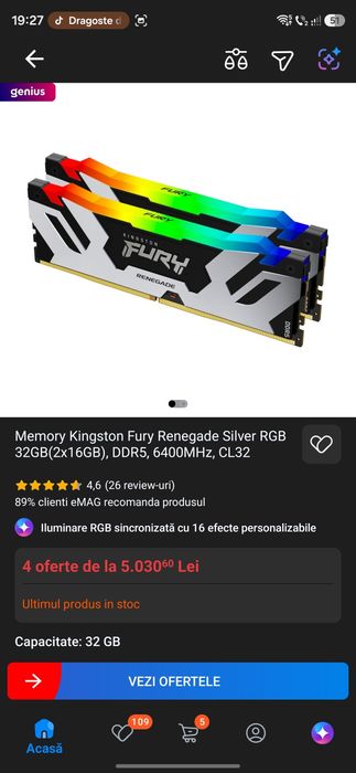 Memory Kingston Fury Renegade Silver RGB 32GB(2x16GB), DDR5, 6400MHz, CL32