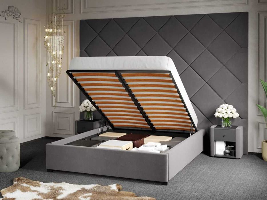 Pat Tapitat Panou Inalt C3 Dubai Gri pentru saltea 190 rabatabil+lada