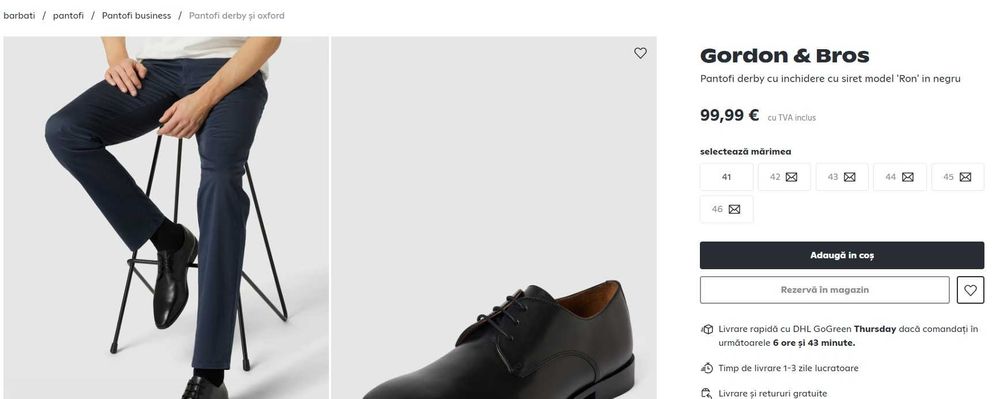 Pantofi derby 44 plain toe Gordon & Bros piele naturala moale