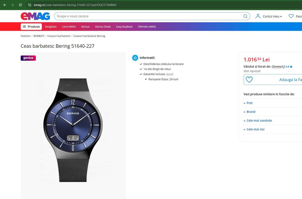 Vând două ceasuri originale BERING – modele 51640-227 și 32139-222