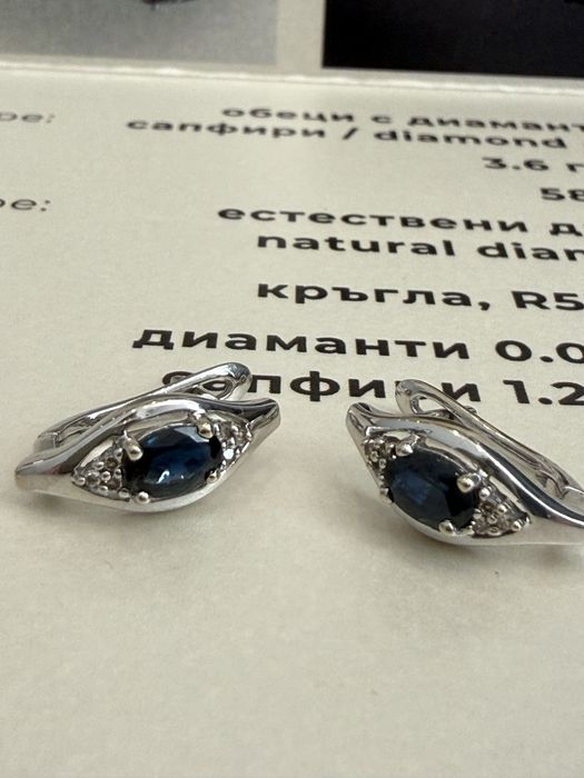 Златни обеци 14К 585 с естествени сапфири 1.22 ct и диаманти 0.08 ct – 3.60 г