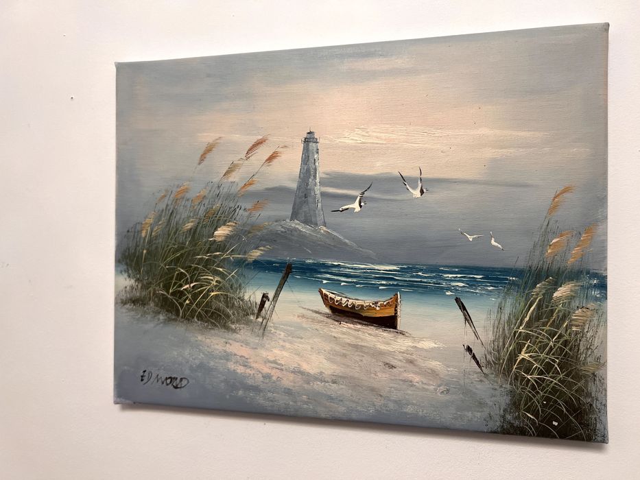 Pictura in ulei pe panza ce reprezinta o atmosferă de coastă liniștită, culori calde de apus