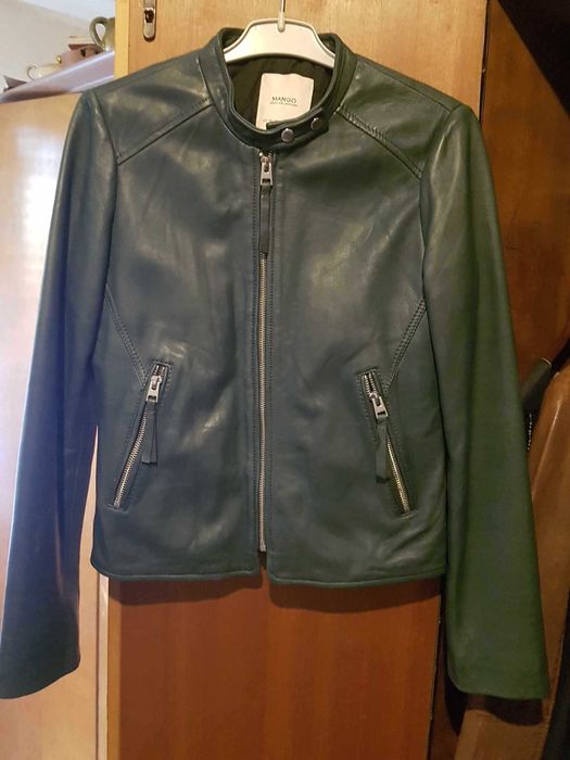 Jacheta piele naturala dama Mango, XS, verde-padure