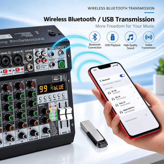 Pasiv mixer audio profesional 8 canale 99 Efecte digital DSP Stereo canal LED ecran USB Bluetooth