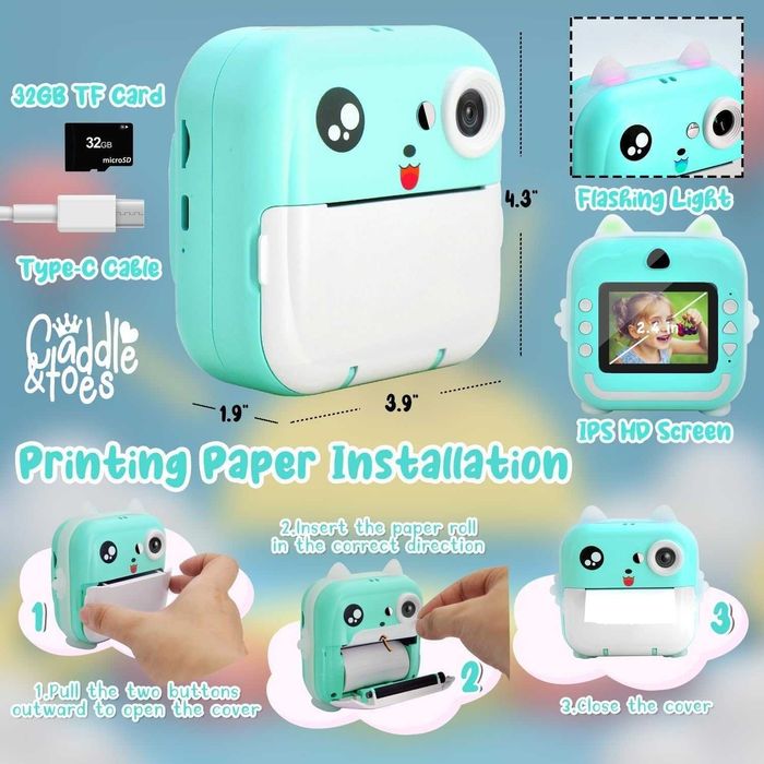 Aparat foto copii VALA Q5 printare instant 24Mpx 1080P, 3 role Turcoaz