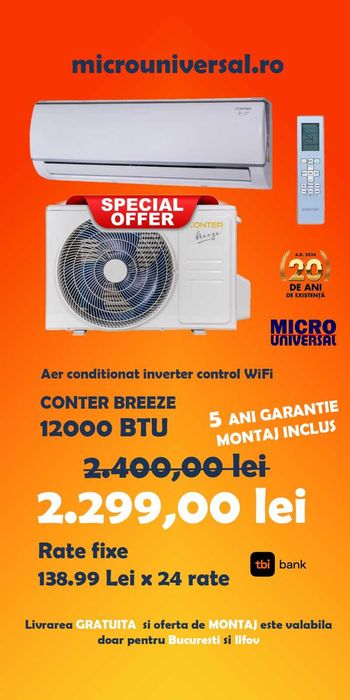 Aer Conditiontat 12000 BTU- CU Montaj inclus-WI-FI-Rate