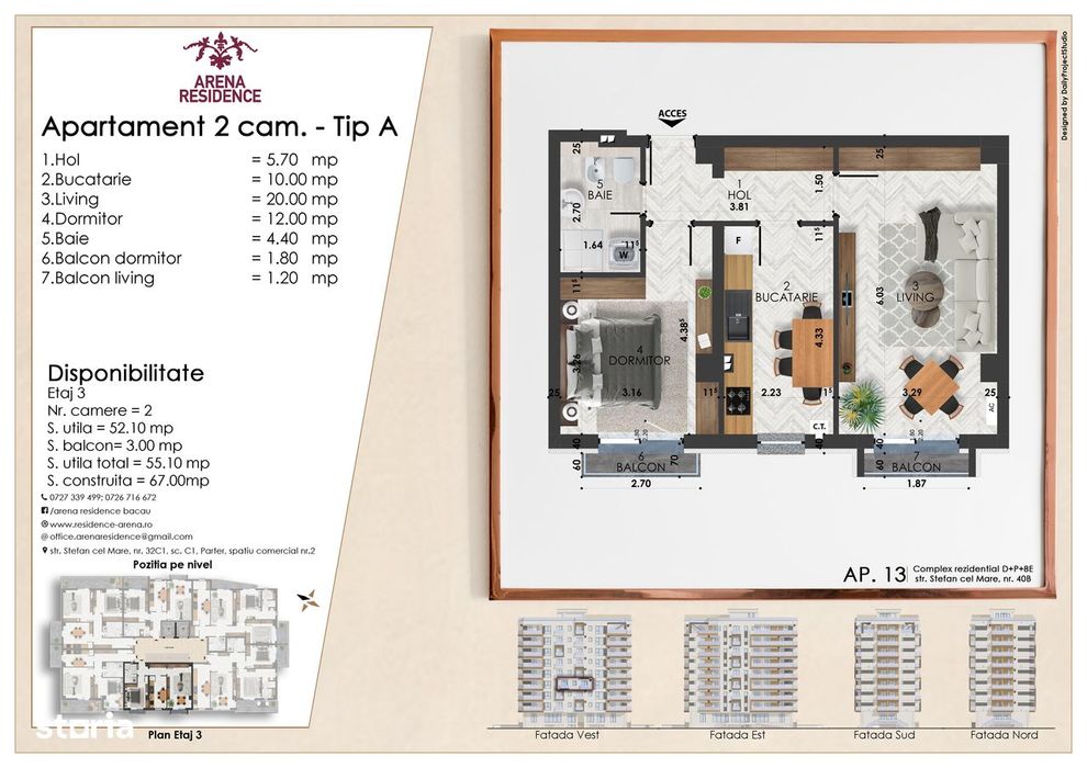 Apartament 2 camere, 1 baie, 2 balcoane,67 mpc PARCARE INCLUSA
