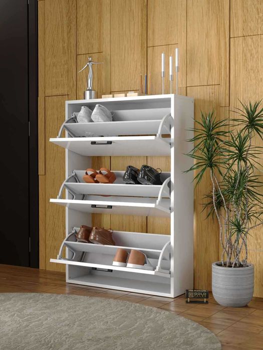 Шкаф за обувки с 3 падащи врати – бял и дървесен цвят/Шкафче за обувки