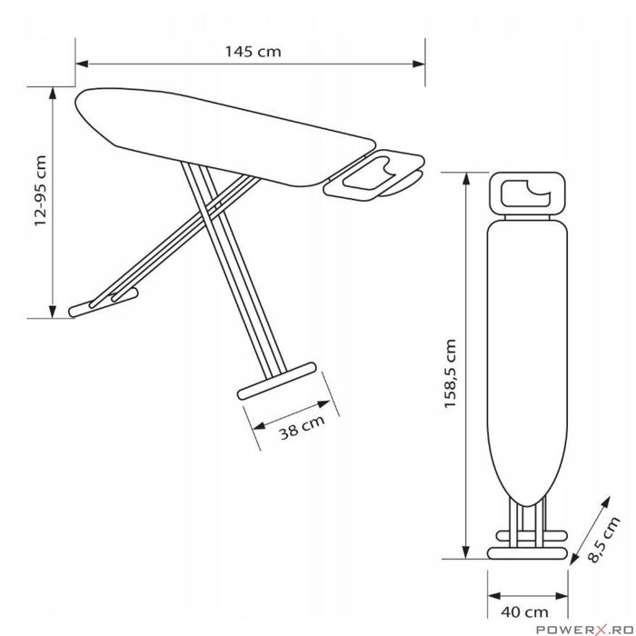 Masa de calcat 120 X 38 cm, cu suport pentru fierul de calcat, priza,