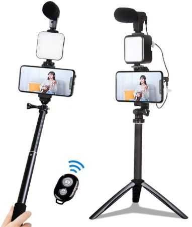Комплект от селфи стик с LED осветление и микрофон за смартфон