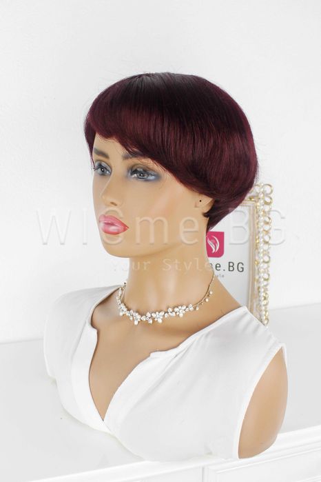 Къса перука от ЕСТЕСТВЕН косъм с бретон цвят бордо Вики