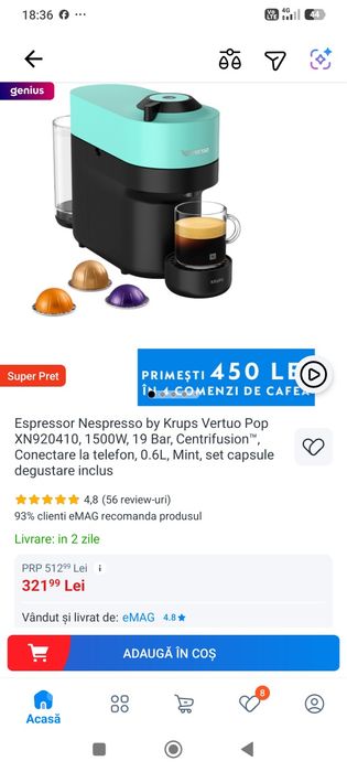 Aparat cafea Nespresso Vertuo Pop Mint Green