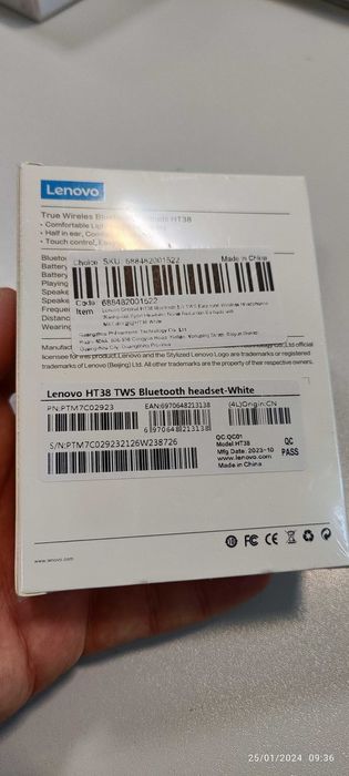 Безжични слушалки Lenovo HT38 Sport, намаляване на шума, бели