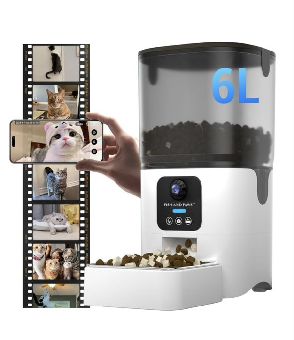 Hrănitor Automat Smart pentru Câini și Pisici Fish & Paws, Capacitate 6L, WiFi Dual 5G/2.4G, Cameră Live 1080p Full HD, Audio Bidirecțional, Nou